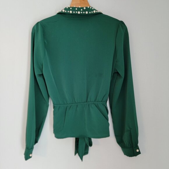 Lulumari Top Size S Green Pearl Embellished Neck And Buttons Career Classic - Picture 6 of 11